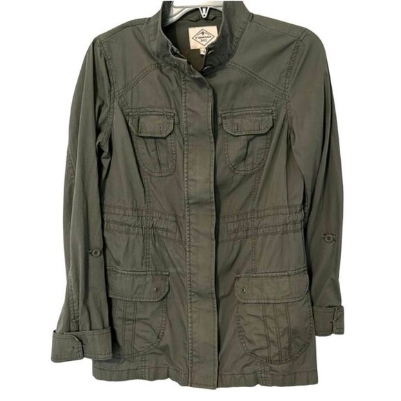 St. John's Bay Women's Khaki Green Distressed Cotton Jacket w Roll Tab Sleeves - Picture 1 of 12
